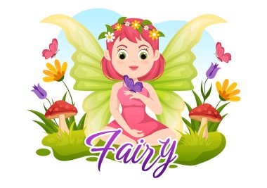 Beautiful Flying Fairy Illustration with Elf, Landscape Tree and Green Grass in Flat Cartoon Hand Drawn for Web Banner or Landing Page Templates