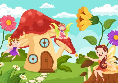 Beautiful Flying Fairy Illustration with Elf, Landscape Tree and Green Grass in Flat Cartoon Hand Drawn for Web Banner or Landing Page Templates