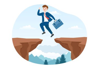 Challenge Illustration with Businessman Running to the Top and Overcoming Obstacle for Landing Page in Flat Cartoon Hand Drawn Templates
