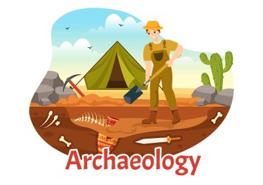 Archeology Illustration with Archaeological Excavation of ancient Ruins, Artifacts and Dinosaurs Fossil in Flat Cartoon Hand Drawn Templates