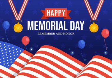 Memorial Day Illustration with American Flag, Remember and Honor to Meritorious Soldier in Flat Cartoon Hand Drawn for Landing Page Templates