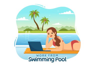 Freelance Workers From Swimming Pool Illustration with Relaxing, Drink Cocktails and Using Laptop in Cartoon Hand Drawn for Landing Page Templates