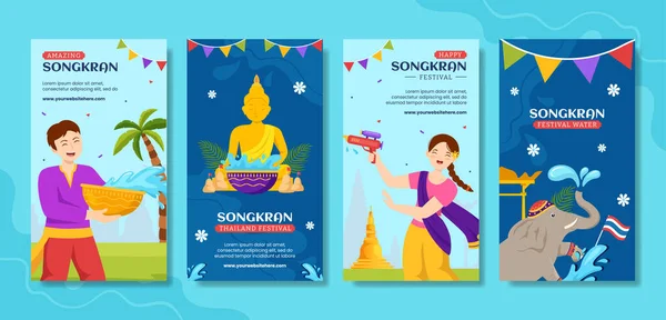 Songkran Festival Day Social Media Stories Cartoon Hand Drawn Templates — Stock Vector