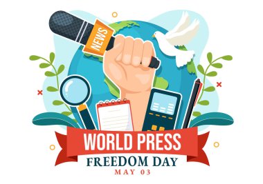 Dünya Basın Özgürlüğü Günü 3 Mayıs İllüstrasyonunda Web Bayrağı veya Düz Çizgili El Şablonu İniş Sayfası için Eller Elle Haber Mikrofonlarıyla
