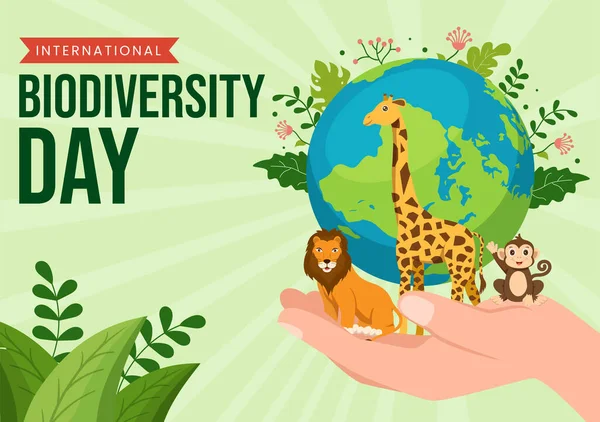 五月二十二日 世界生物多样性日 生物多样性 地球与动物图解 平板漫画手绘登陆网页模板 — 图库矢量图片