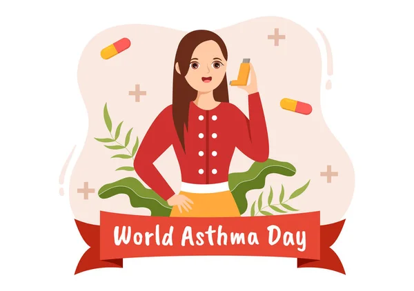 世界哮喘日5月2日用平板漫画手绘的吸入器和健康预防隆起图解网页横幅或登陆页面模板 — 图库矢量图片
