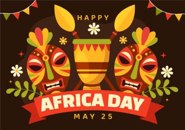 25 Mayıs 'ta Afrika Günü' nde Kültür Afrika kabilesi figürlerinin Web Bayrağı veya İniş Sayfası Şablonu için Çizilmiş Düz Çizgi El ile İllüstrasyonu