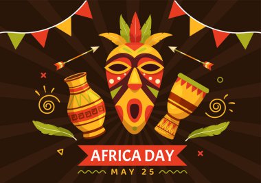 25 Mayıs 'ta Afrika Günü' nde Kültür Afrika kabilesi figürlerinin Web Bayrağı veya İniş Sayfası Şablonu için Çizilmiş Düz Çizgi El ile İllüstrasyonu