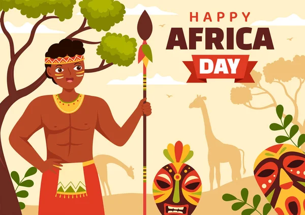 5月25日 快乐非洲日 图片说明 为网页横幅或登陆页面模板绘制的平面卡通画中的非洲部落文化人物 — 图库矢量图片