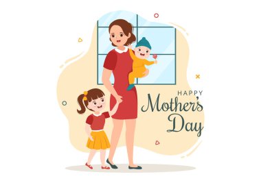 14 Mayıs 'taki Anneler Günü' nüz kutlu olsun. Web Afişi veya İniş Sayfası Şablonu İçin Çizilmiş Düz Çizgi Filmdeki Bebek ve Çocuklara Şefkat