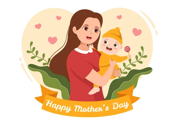 Happy Mother Day May Illustration Affection Baby Kids Flat Cartoon — Stock Vector