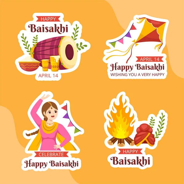 Happy Baisakhi Etiqueta Plana Dibujos Animados Plantillas Dibujadas Mano Ilustración — Vector de stock
