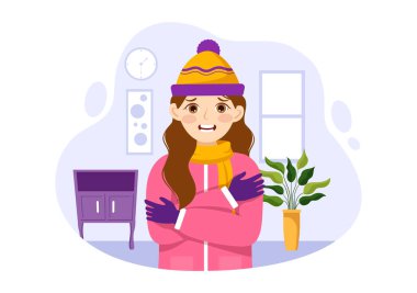 Sağlık Hizmetleri İniş Şablonu İçin Çizilmiş Çizgi Filmde Kalın Giyinen İnsanların Hasta İnsan Gribi ve Soğuk Hastalık Çizimi