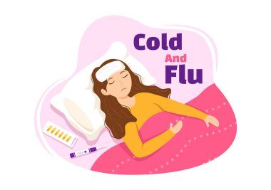 Sağlık Hizmetleri İniş Şablonu İçin Çizilmiş Çizgi Filmde Kalın Giyinen İnsanların Hasta İnsan Gribi ve Soğuk Hastalık Çizimi