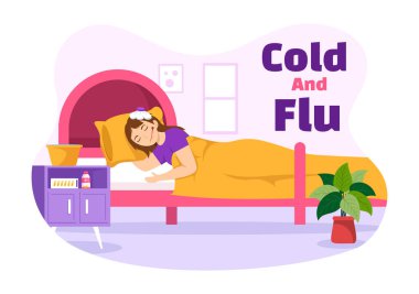 Sağlık Hizmetleri İniş Şablonu İçin Çizilmiş Çizgi Filmde Kalın Giyinen İnsanların Hasta İnsan Gribi ve Soğuk Hastalık Çizimi