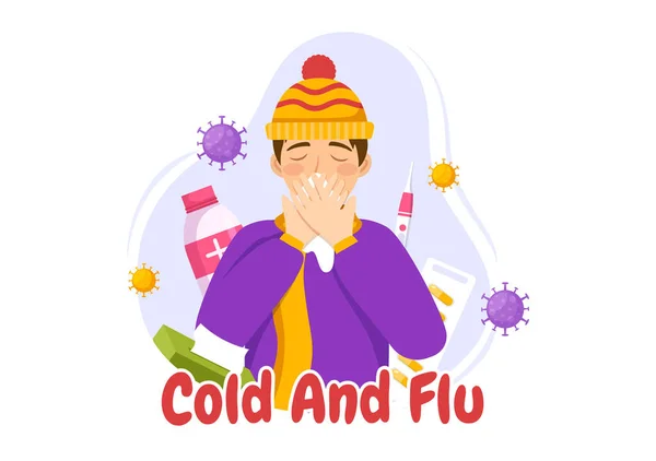 Sjuk Person Influensa Och Förkylning Sjukdom Illustration Med Människor Bär — Stock vektor