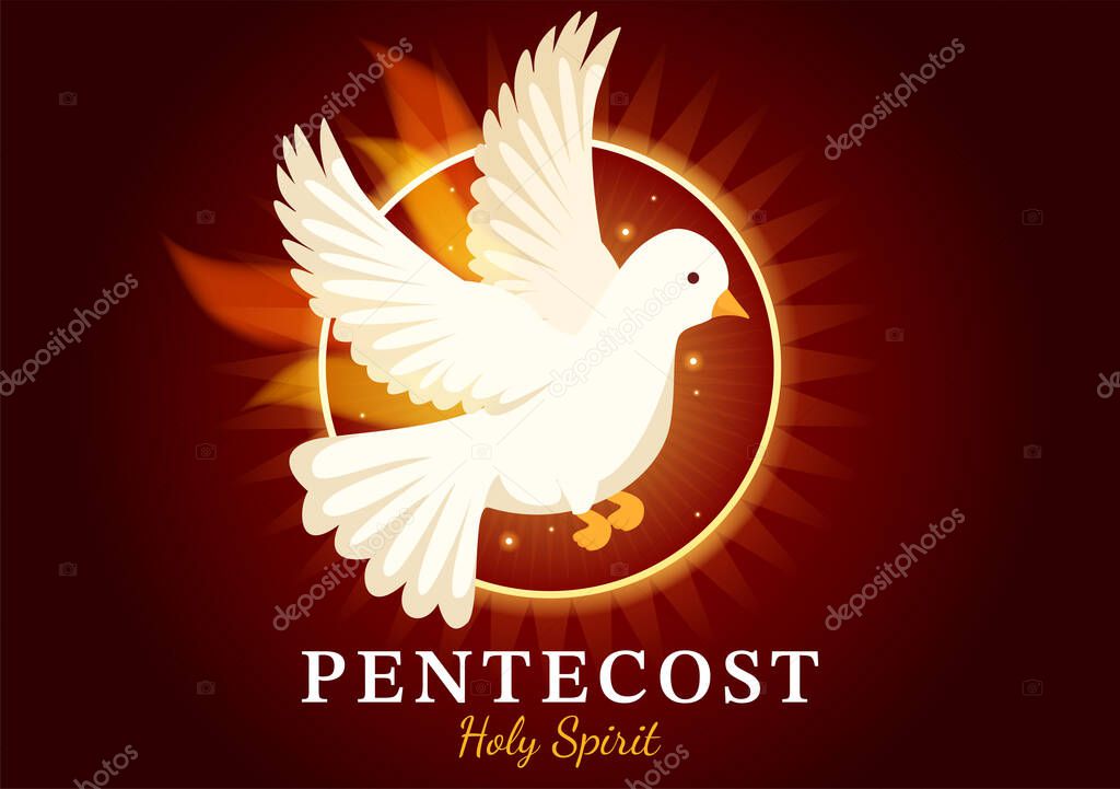 Pentecost Sunday Illustration with Flame and Holy Spirit Dove in Catholics or Christians Religious Culture Holiday Flat Cartoon Hand Drawn Templates