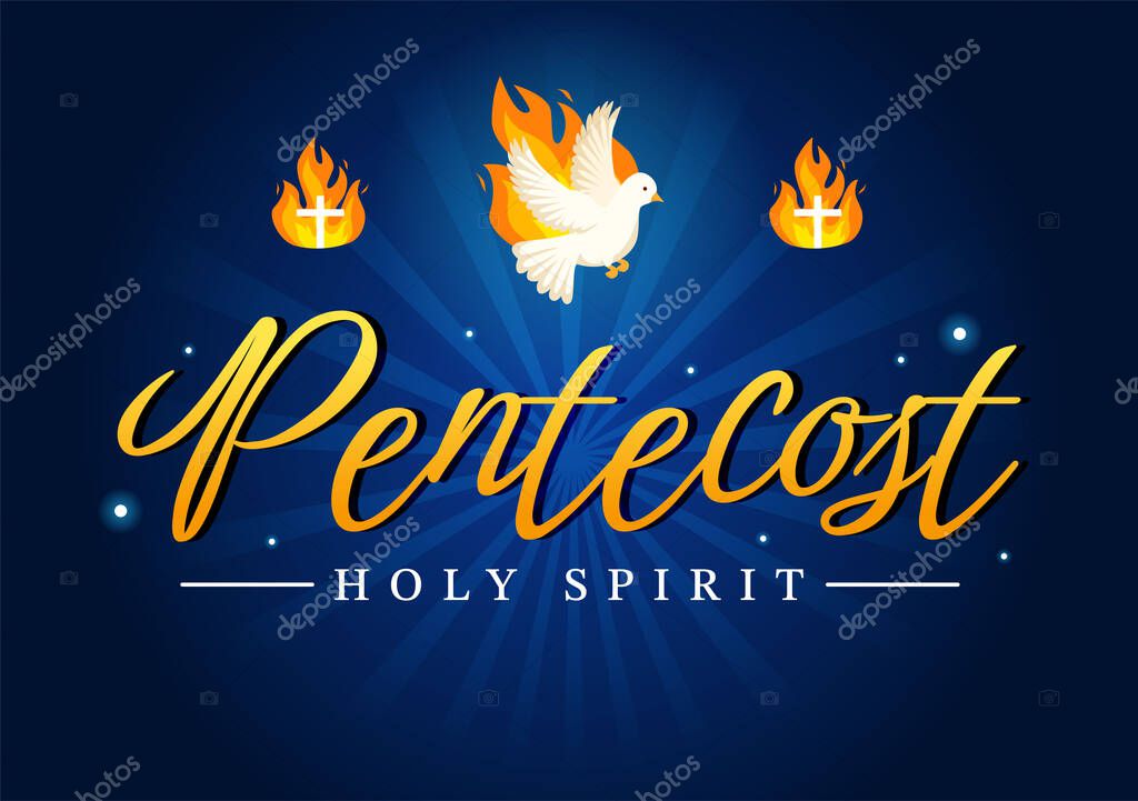Pentecost Sunday Illustration with Flame and Holy Spirit Dove in Catholics or Christians Religious Culture Holiday Flat Cartoon Hand Drawn Templates