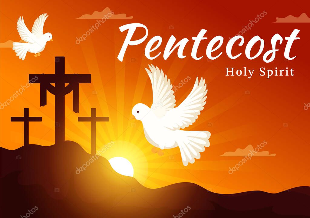 Pentecost Sunday Illustration with Flame and Holy Spirit Dove in Catholics or Christians Religious Culture Holiday Flat Cartoon Hand Drawn Templates