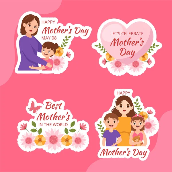 Happy Mother Day Label Flat Cartoon Hand Drawn Templates Background — Stock Vector