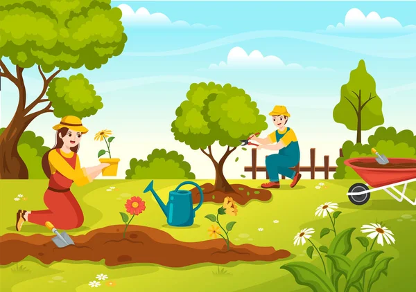 Tuinman Illustratie Met Tuingereedschap Boeren Groenten Verbouwen Botanische Zomer Tuinieren — Stockvector