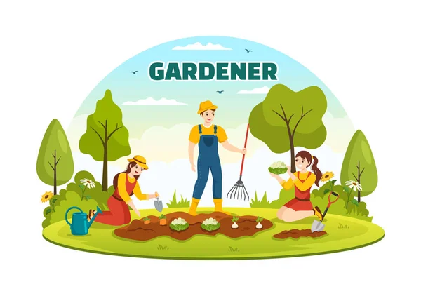 Gardener Illustration Garden Tools Farming Grows Vegetables Botanical Summer Gardening — стоковий вектор