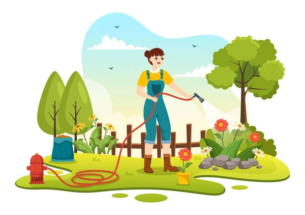 Gärtner Illustration Mit Gartengeräten Landwirtschaft Anbau Von Gemüse Botanischen Sommergarten — Stockvektor