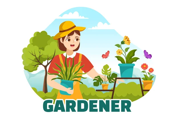 stock vector Gardener Illustration with Garden Tools, Farming, Grows Vegetables in Botanical Summer Gardening Flat Cartoon Hand Drawn for Landing Page Templates