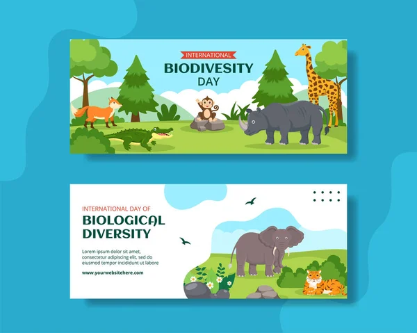 Welt Tag Der Biodiversität Horizontal Banner Cartoon Hand Gezeichnete Vorlagen — Stockvektor