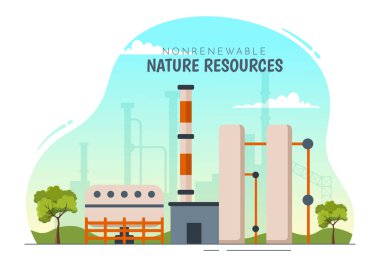 Nükleer, Petrol, Petrol, Doğal Gaz veya Kömür Yakıtları Düz Çizim El Şablonları ile Yenilenemez Enerji Kaynakları