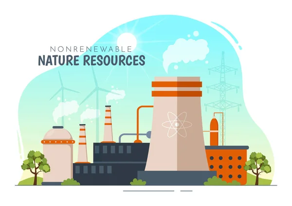 Niet Hernieuwbare Energiebronnen Illustratie Met Nucleaire Aardolie Olie Aardgas Steenkoolbrandstoffen — Stockvector