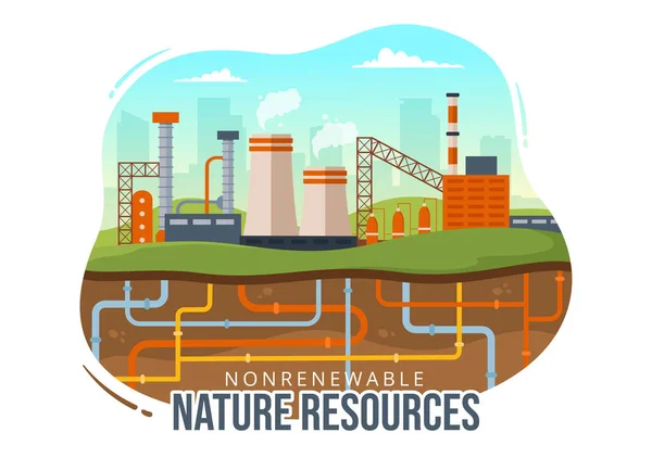 Niet Hernieuwbare Energiebronnen Illustratie Met Nucleaire Aardolie Olie Aardgas Steenkoolbrandstoffen — Stockvector