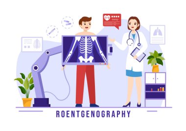 Roentgenography Illustration with florography Body Checkup Prosedürü, X-ray Taraması veya Roentgen in Health Care Flat Flat Hand Drawn Şablonu