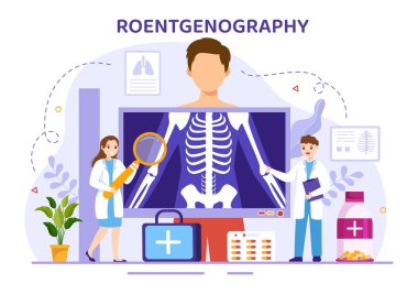 Roentgenography Illustration with florography Body Checkup Prosedürü, X-ray Taraması veya Roentgen in Health Care Flat Flat Hand Drawn Şablonu