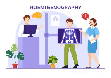 Roentgenography Illustration with florography Body Checkup Prosedürü, X-ray Taraması veya Roentgen in Health Care Flat Flat Hand Drawn Şablonu