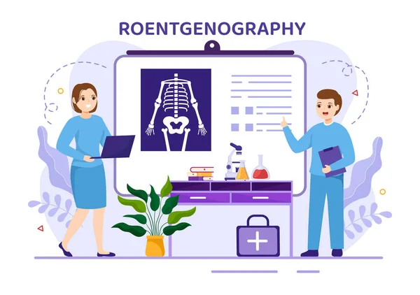 stock vector Roentgenography Illustration with Fluorography Body Checkup Procedure, X-ray Scanning or Roentgen in Health Care Flat Cartoon Hand Drawn Templates