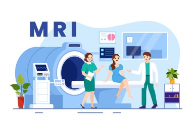 MR veya Manyetik Rezonans Görüntüleme İllüstrasyonunda Doktor ve Hasta Tıbbi Muayene ve Tomografi Düz Çizim El Şablonlarında