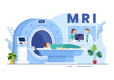 MR veya Manyetik Rezonans Görüntüleme İllüstrasyonunda Doktor ve Hasta Tıbbi Muayene ve Tomografi Düz Çizim El Şablonlarında