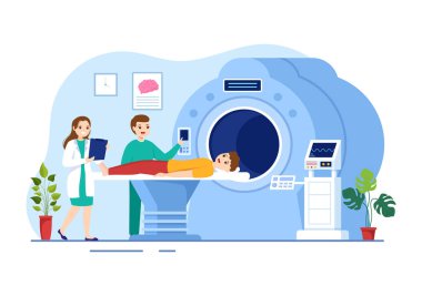 MR veya Manyetik Rezonans Görüntüleme İllüstrasyonunda Doktor ve Hasta Tıbbi Muayene ve Tomografi Düz Çizim El Şablonlarında