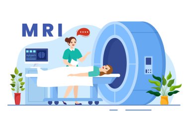 MR veya Manyetik Rezonans Görüntüleme İllüstrasyonunda Doktor ve Hasta Tıbbi Muayene ve Tomografi Düz Çizim El Şablonlarında