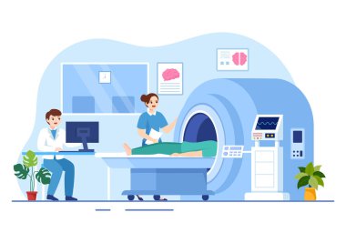 MR veya Manyetik Rezonans Görüntüleme İllüstrasyonunda Doktor ve Hasta Tıbbi Muayene ve Tomografi Düz Çizim El Şablonlarında