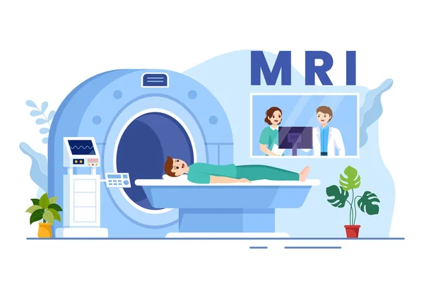 平面漫画手绘模板体格检查与Ct扫描的Mri或磁共振成像与医生及病人的关系 — 图库矢量图片