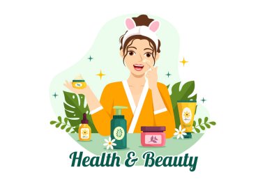Doğal Kozmetik ve Eko Ürünlerle Güzellik ve Sağlık Çizimi Kadın Çizgi Filminde Sorunlu Cilt veya Tedavi Yüzü Çizim Şablonu