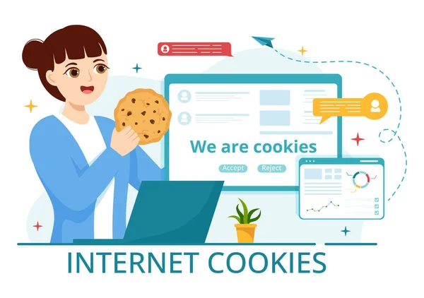 Internet Cookies Technology Illustrazione Con Track Cookie Record Navigazione Sito — Vettoriale Stock