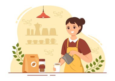 Düz Çizgili El Çizim İniş Sayfası 'nda ya da Web Afişi Şablonu' nda Müşteri İçin Kahve Yapan Önlük Giyen Barista Illustration