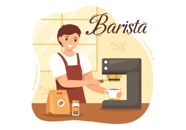 Düz Çizgili El Çizim İniş Sayfası 'nda ya da Web Afişi Şablonu' nda Müşteri İçin Kahve Yapan Önlük Giyen Barista Illustration