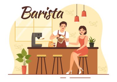 Düz Çizgili El Çizim İniş Sayfası 'nda ya da Web Afişi Şablonu' nda Müşteri İçin Kahve Yapan Önlük Giyen Barista Illustration