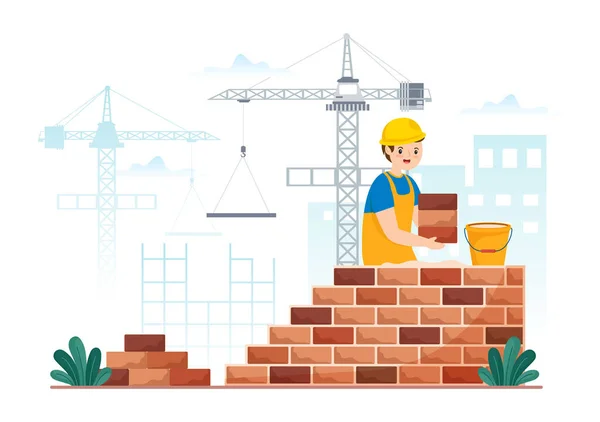 Ilustración Del Trabajador Albañil Con Personas Construcción Colocación Ladrillos Para — Vector de stock