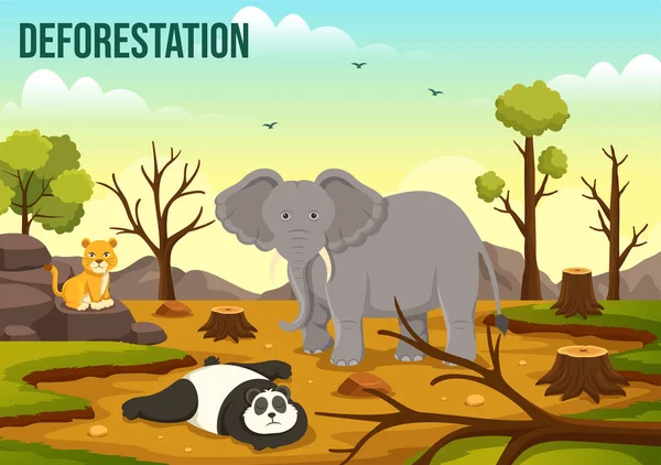 Odlesňování Ilustrace Stromem Zalesněném Lese Spalování Znečištění Způsobující Zánik Zvířat — Stockový vektor