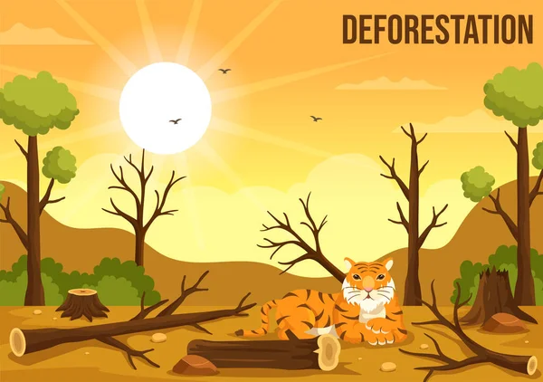 Illustration Déforestation Avec Arbre Dans Forêt Abattue Brûlant Dans Pollution — Image vectorielle